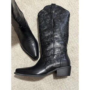 🆕Women Black Faux Leather Pointed Toe Chunky Block Heel Vintage Western Boots